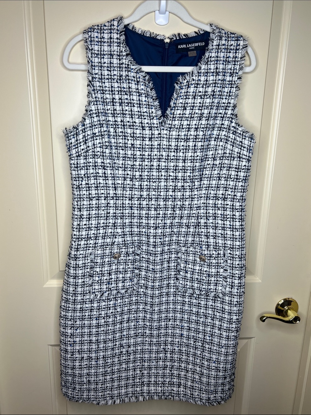 Karl Lagerfeld Navy & White Tweed Midi Shift Dress